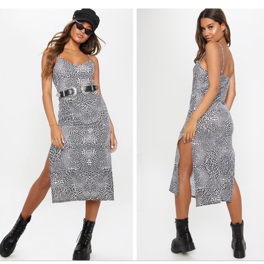 PrettyLittleThing Black Leopard Print Jersey Split Cami Midi Dress (us size 2)